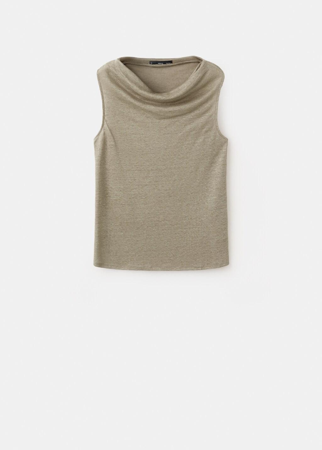 Khaki Linen Top With Draped Neck, Beige - Khaki, large image number 7