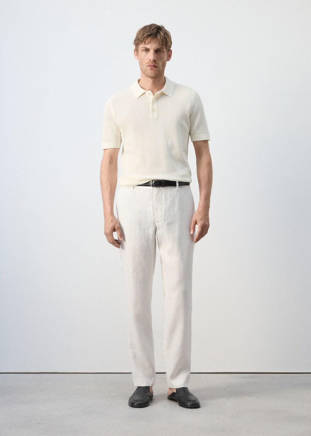 White Open-Knit 100% Cotton Polo Shirt, Natural White, large image number 0