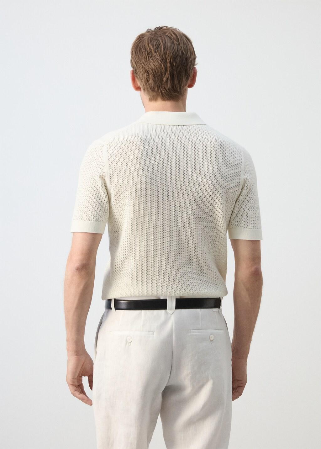 White Open-Knit 100% Cotton Polo Shirt, Natural White, large image number 2