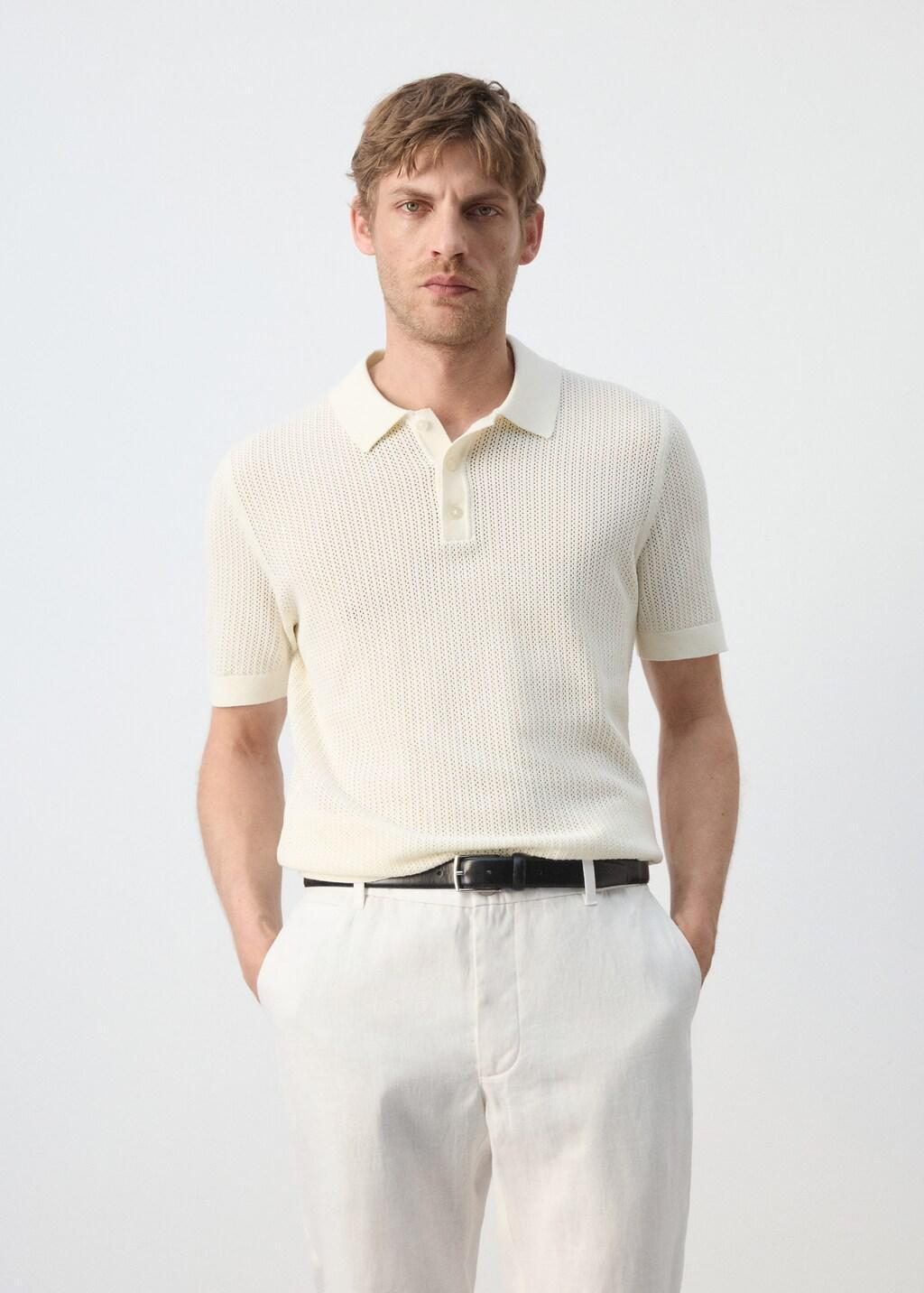 White Open-Knit 100% Cotton Polo Shirt, Natural White, large image number 3