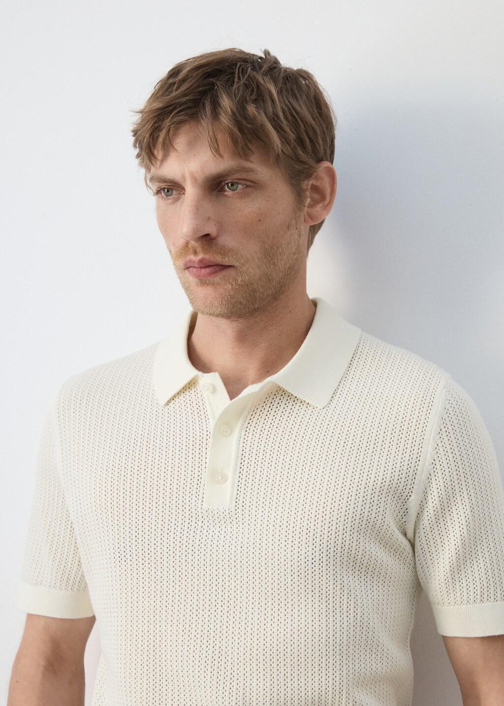 White Open-Knit 100% Cotton Polo Shirt, Natural White, large image number 4