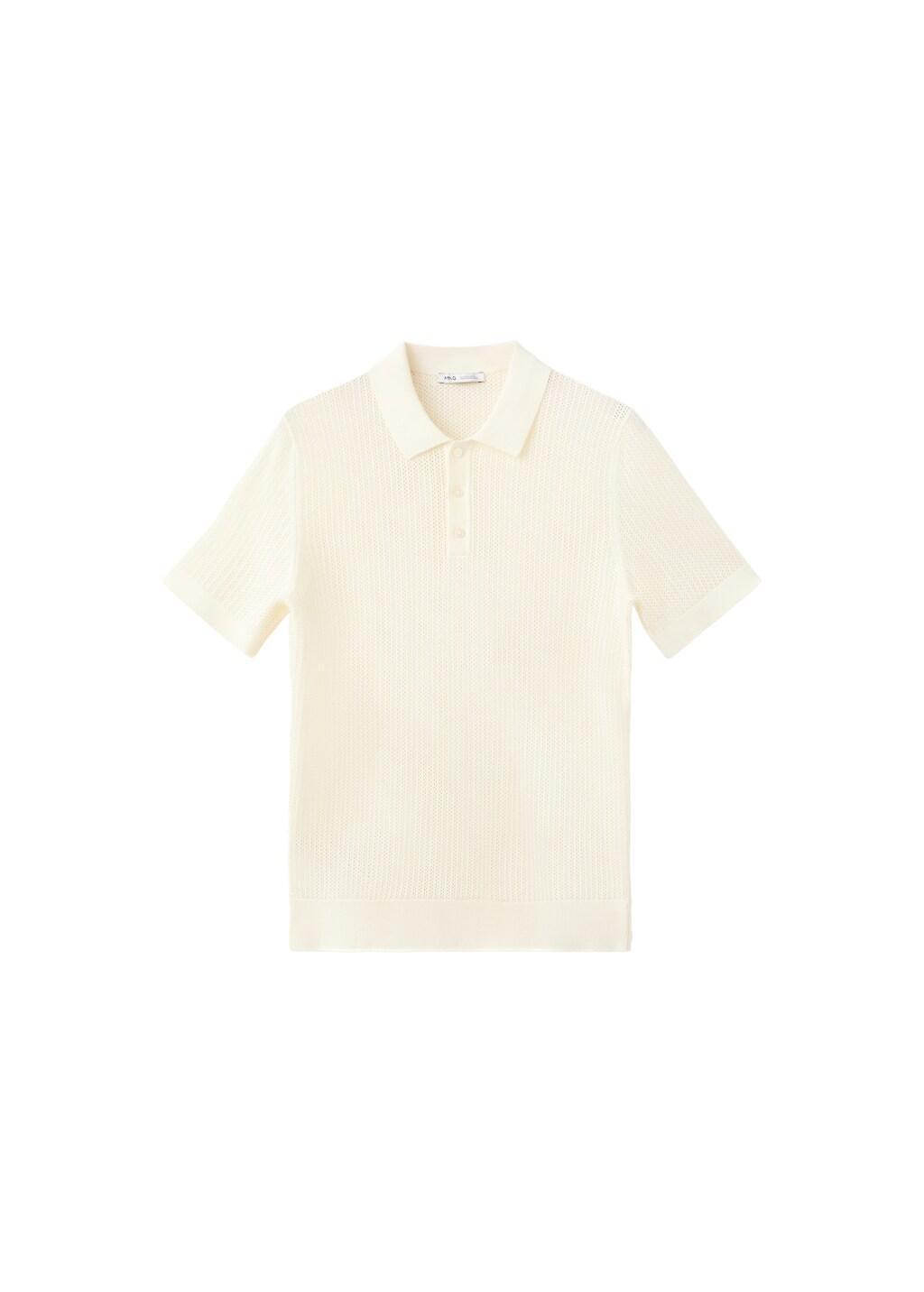 White Open-Knit 100% Cotton Polo Shirt, Natural White, large image number 6