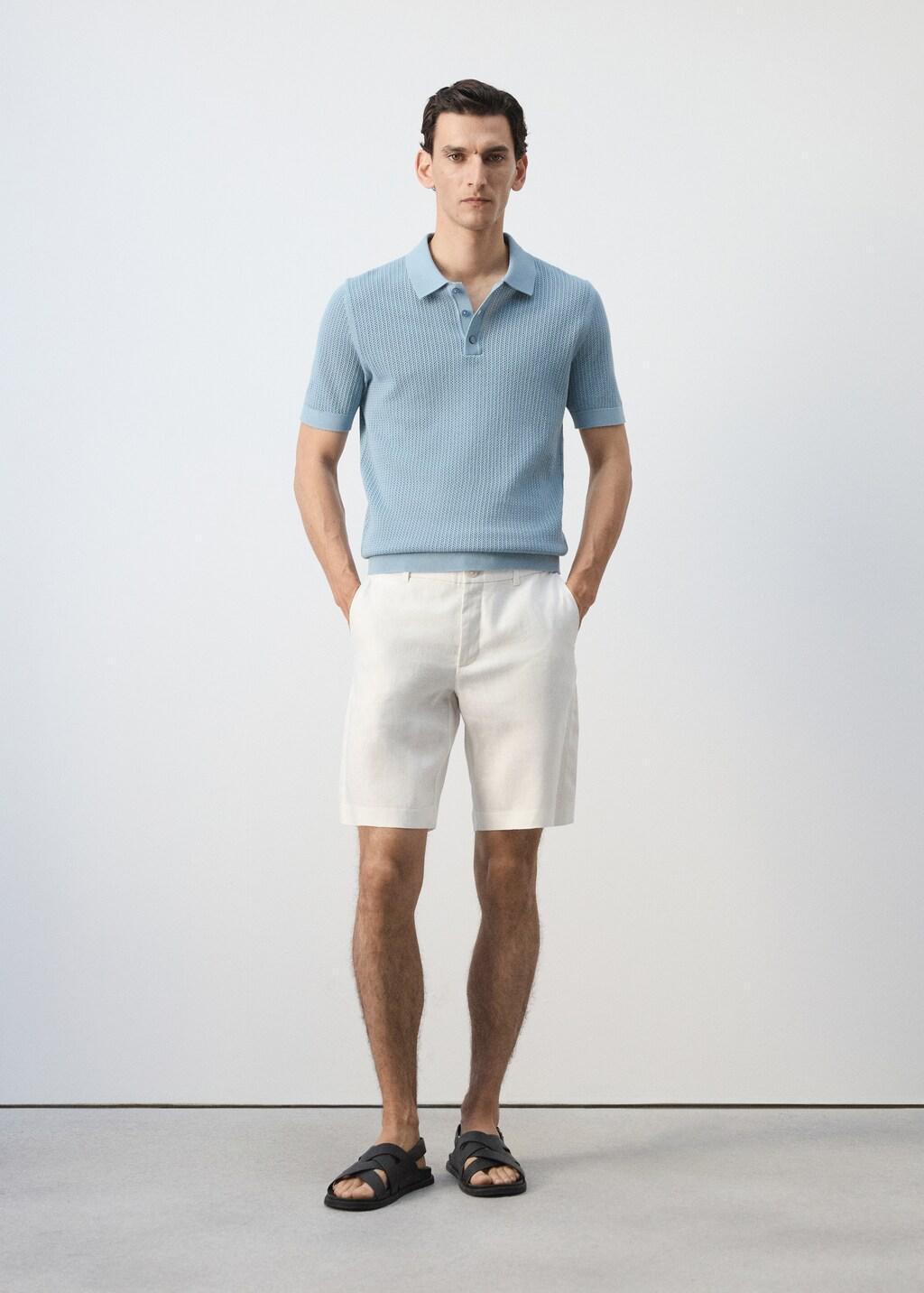 Green Open-Knit Cotton Polo Shirt, Turquoise - Aqua, large image number 0