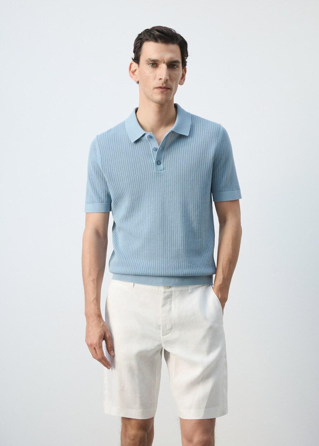 Green Open-Knit Cotton Polo Shirt, Turquoise - Aqua, large image number 3