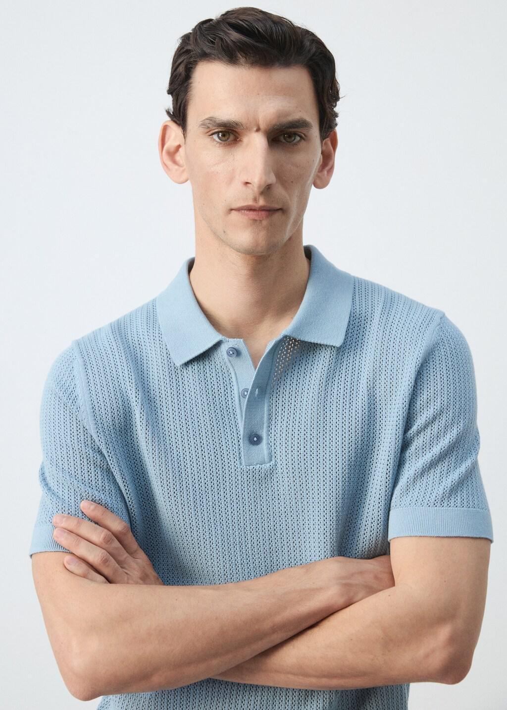 Green Open-Knit Cotton Polo Shirt, Turquoise - Aqua, large image number 4