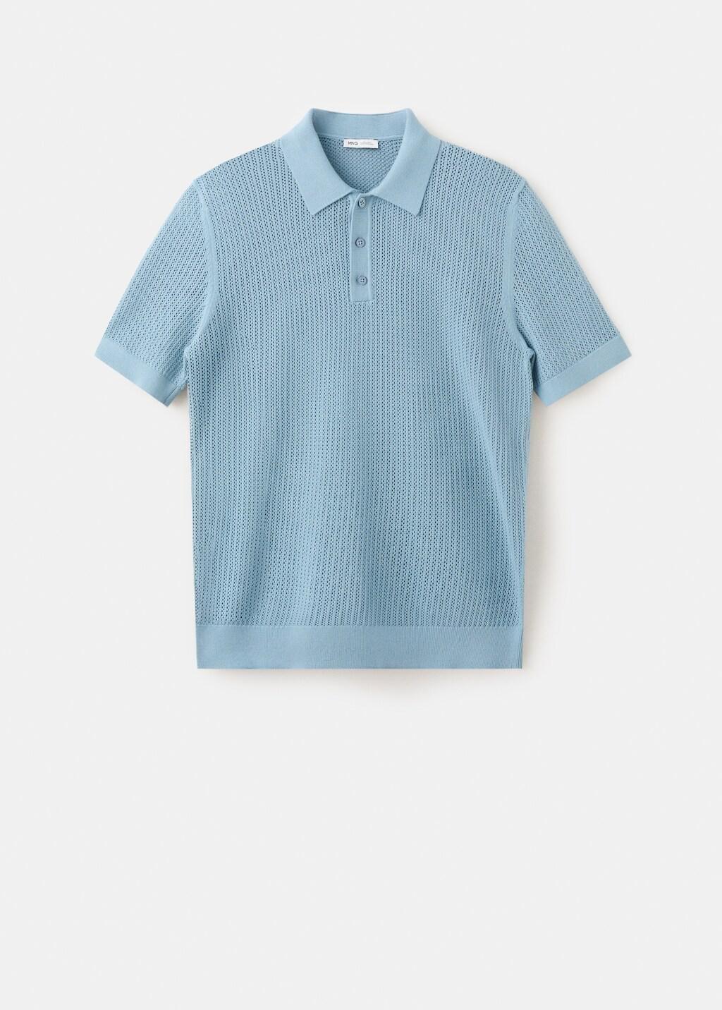 Green Open-Knit Cotton Polo Shirt, Turquoise - Aqua, large image number 7