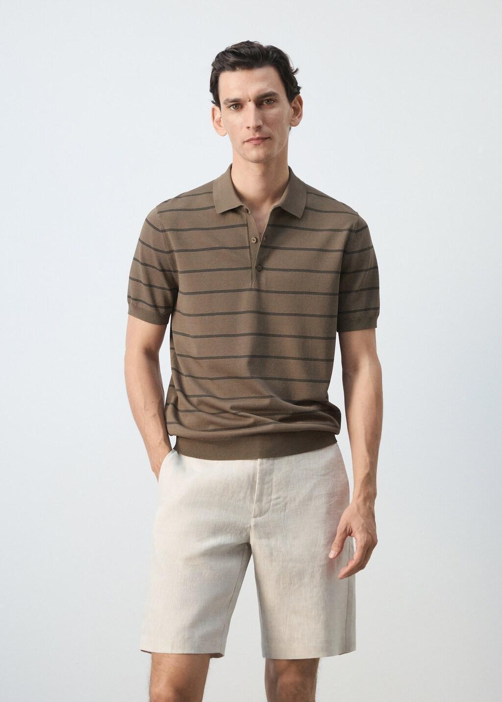 Brown Striped Fine-Knit Polo Shirt, Medium Brown, large image number 3
