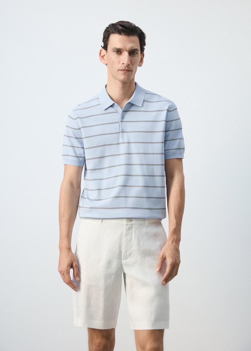 Blue Striped Fine-Knit Polo Shirt, Light-Pastel Blue, large image number 3