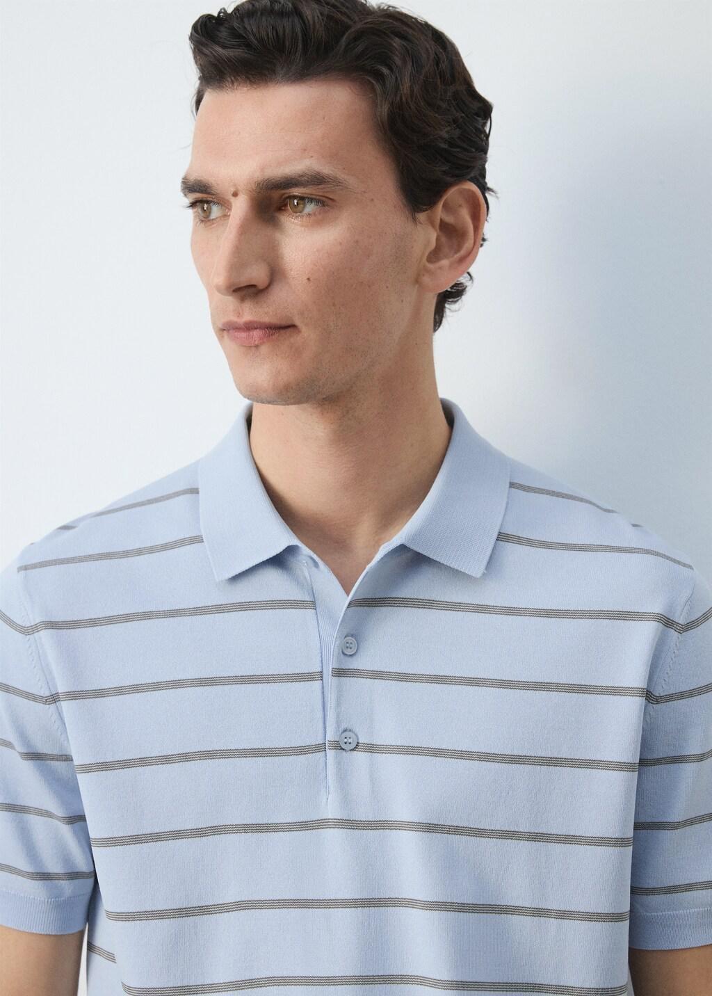 Blue Striped Fine-Knit Polo Shirt, Light-Pastel Blue, large image number 4