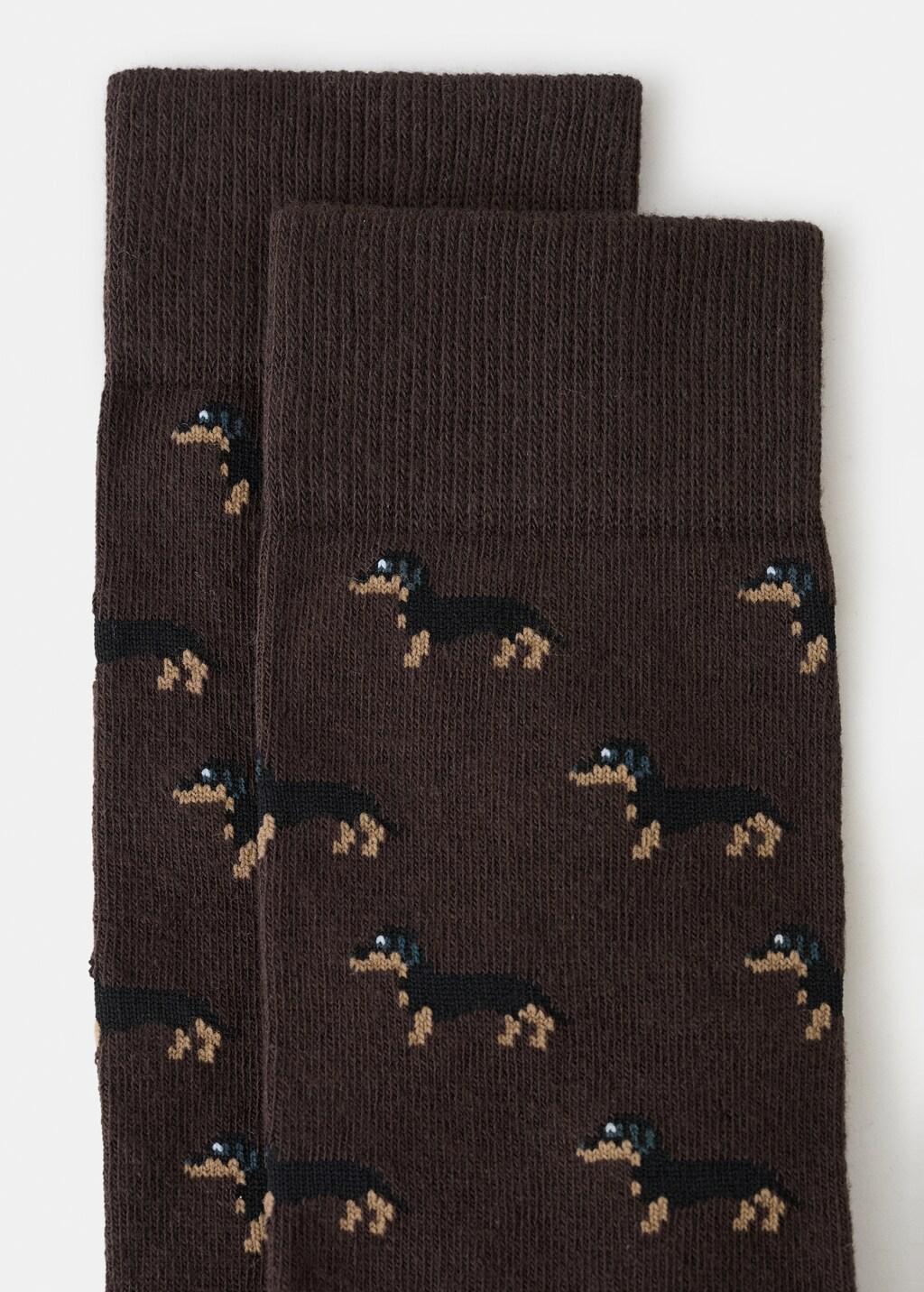 Brown Dog-Print Cotton Socks, Brown, medium
