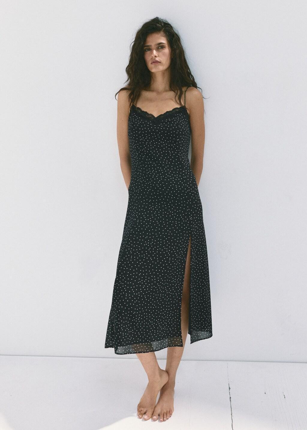 Black Polka Dot Dress With Lace Trim, Black, large image number 0