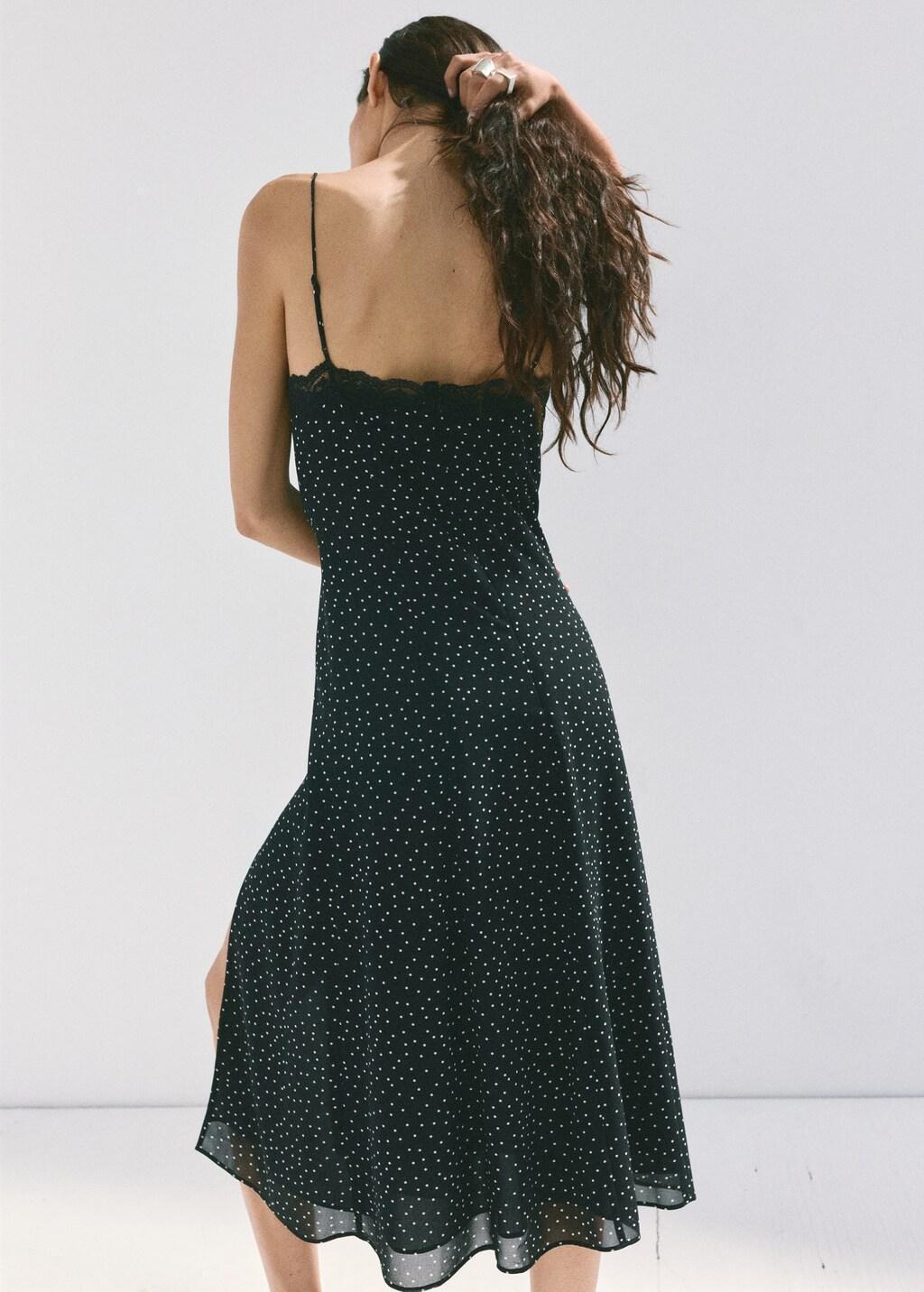 Black Polka Dot Dress With Lace Trim, Black, medium