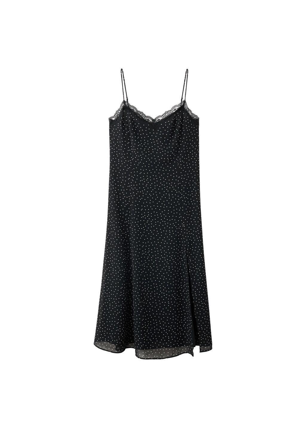 Black Polka Dot Dress With Lace Trim, Black, large image number 6