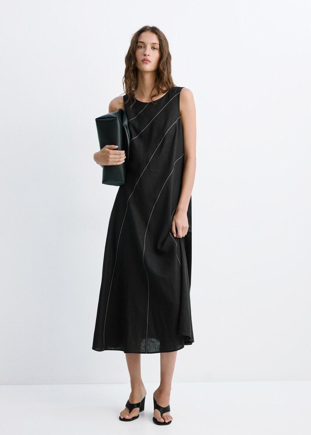 Black Linen Dress With Contrast Stitching, Black, large image number 0