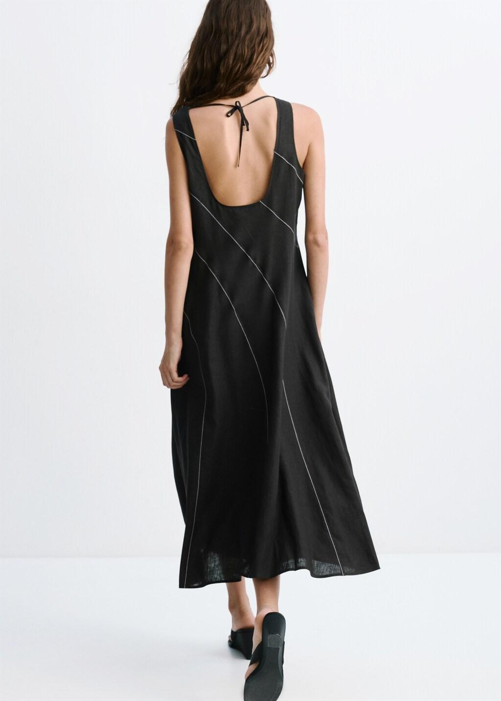 Black Linen Dress With Contrast Stitching, Black, medium