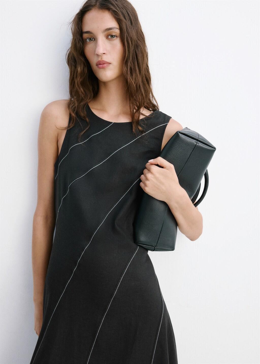 Black Linen Dress With Contrast Stitching, Black, large image number 3