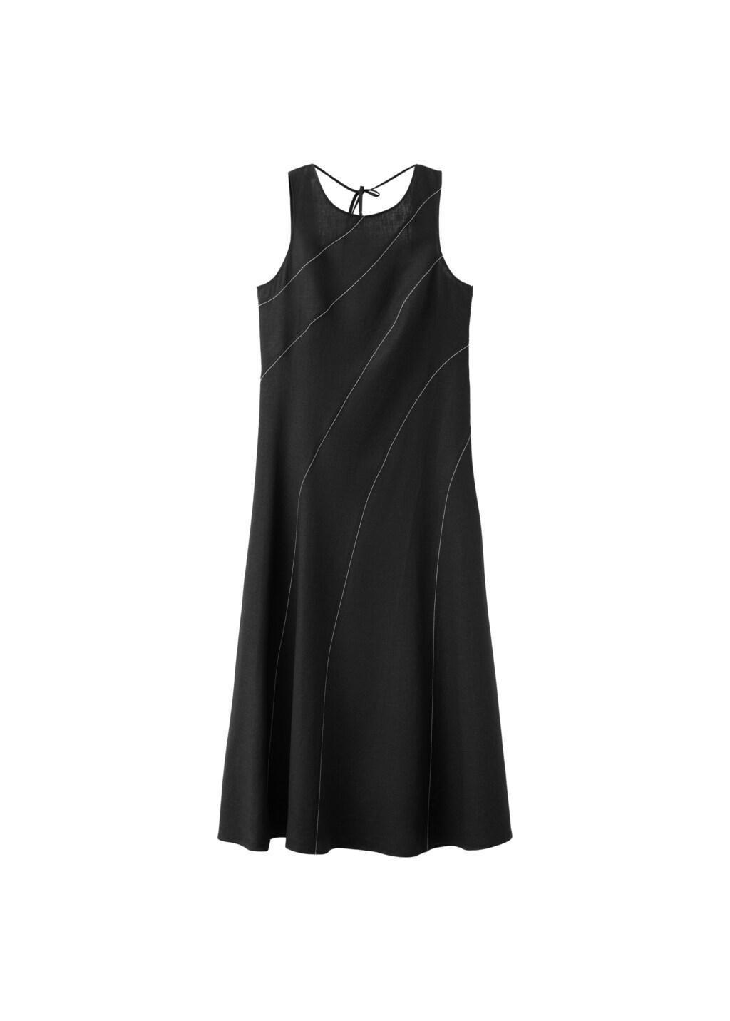 Black Linen Dress With Contrast Stitching, Black, large image number 6