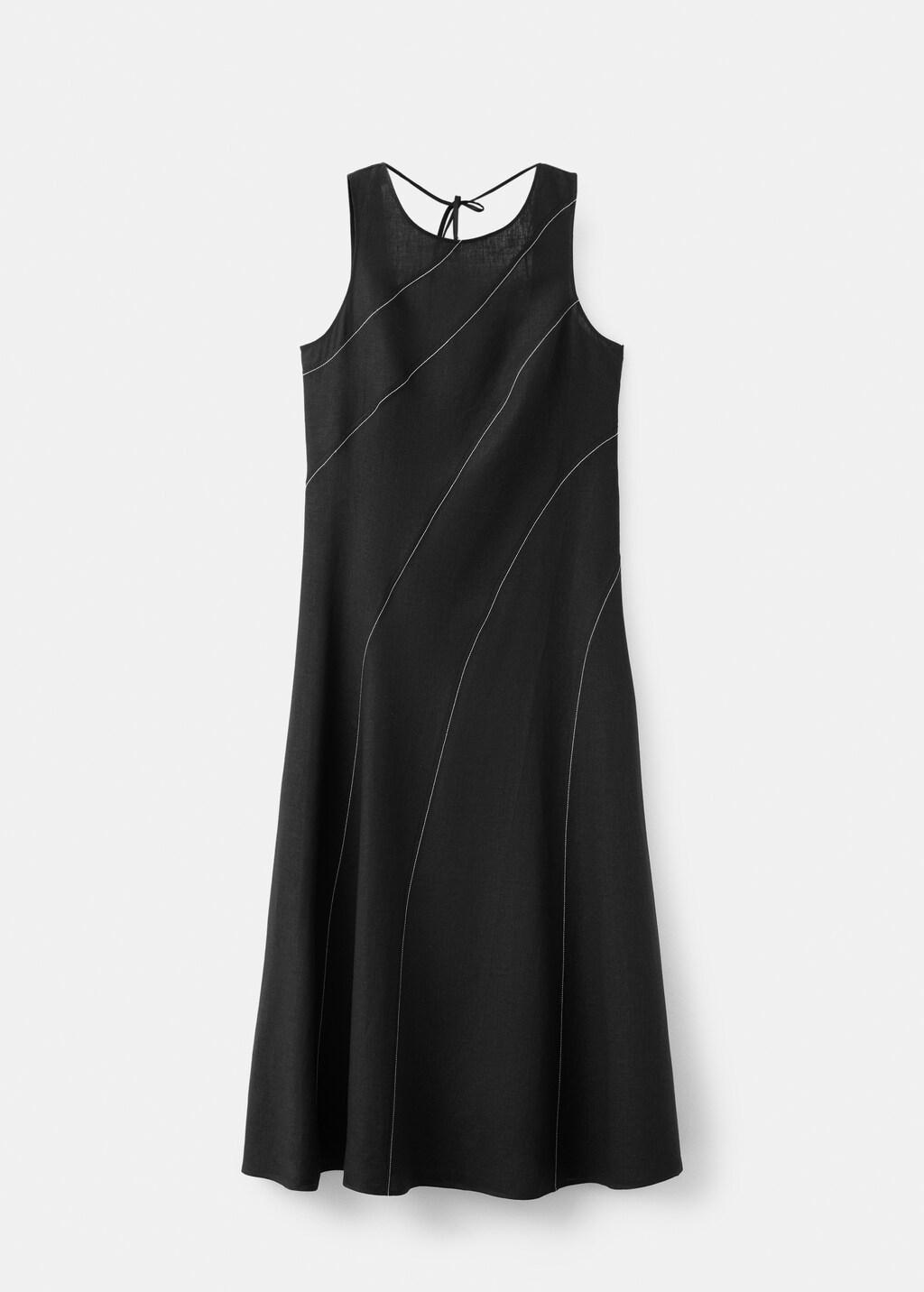 Black Linen Dress With Contrast Stitching, Black, large image number 7