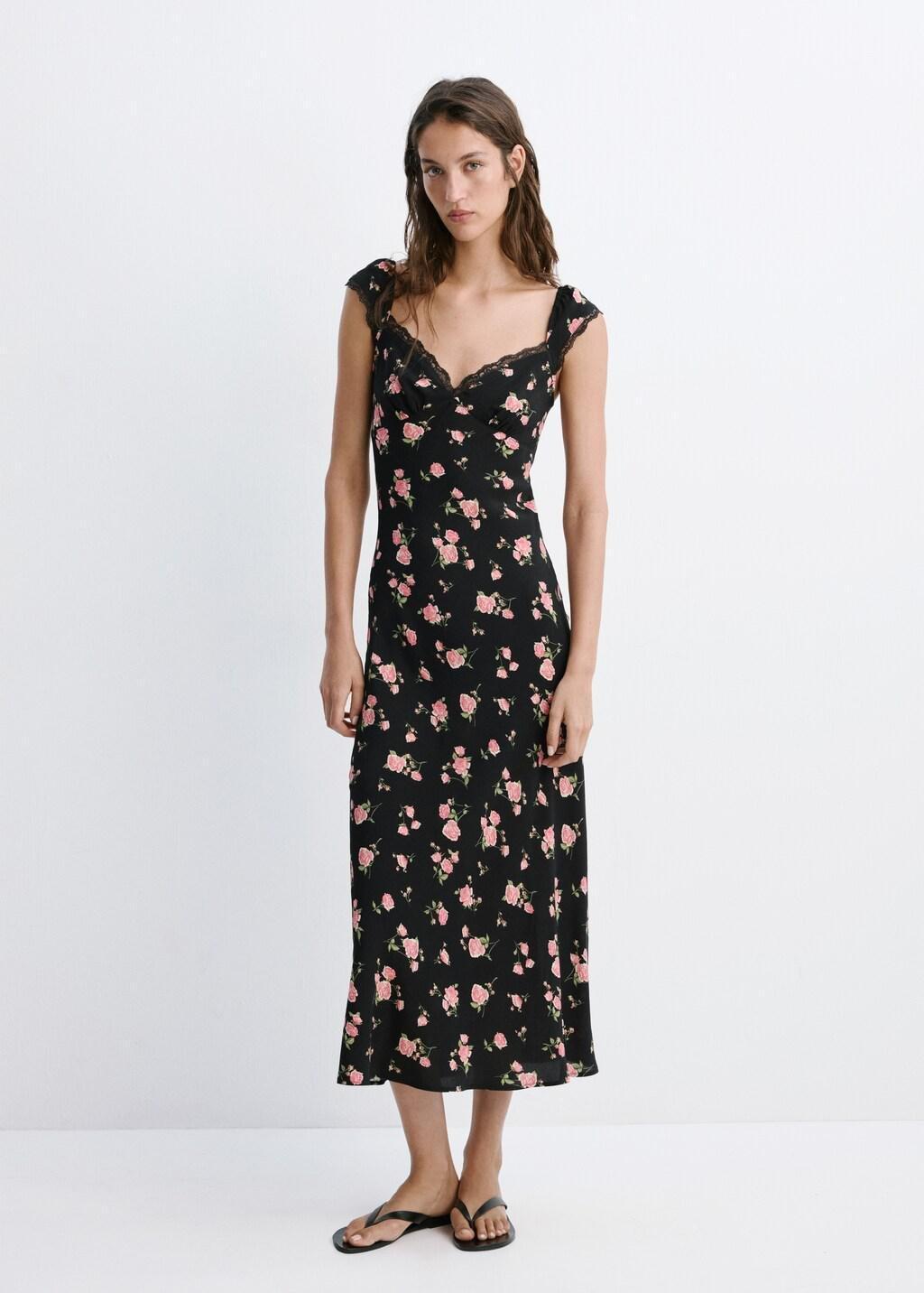 Black Floral Dress With Lace Trim, Black, large image number 0