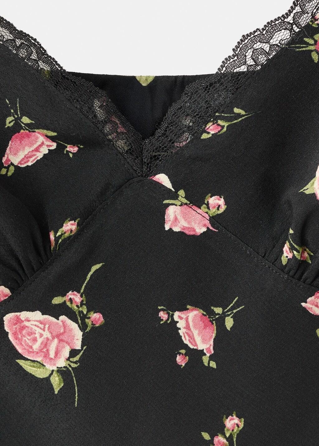 Black Floral Dress With Lace Trim, Black, large image number 1