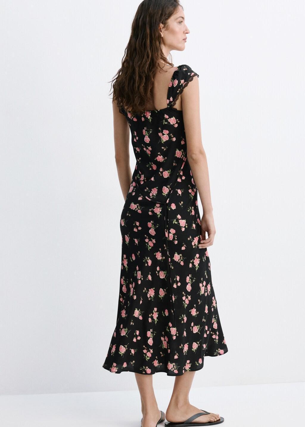 Black Floral Dress With Lace Trim, Black, large image number 2