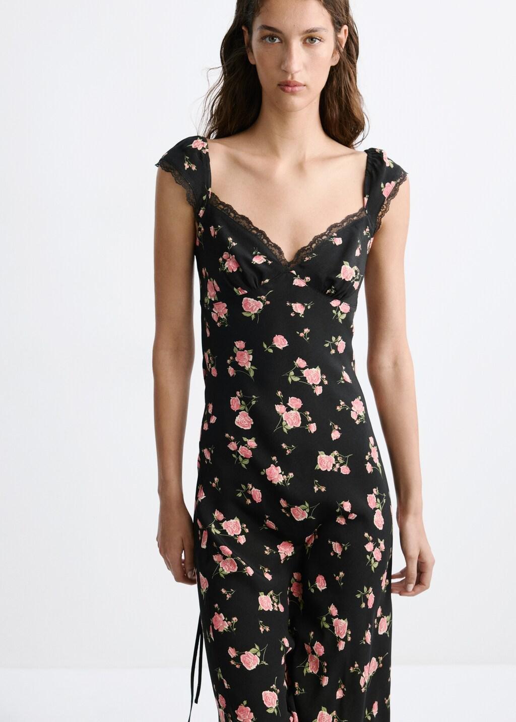 Black Floral Dress With Lace Trim, Black, large image number 3