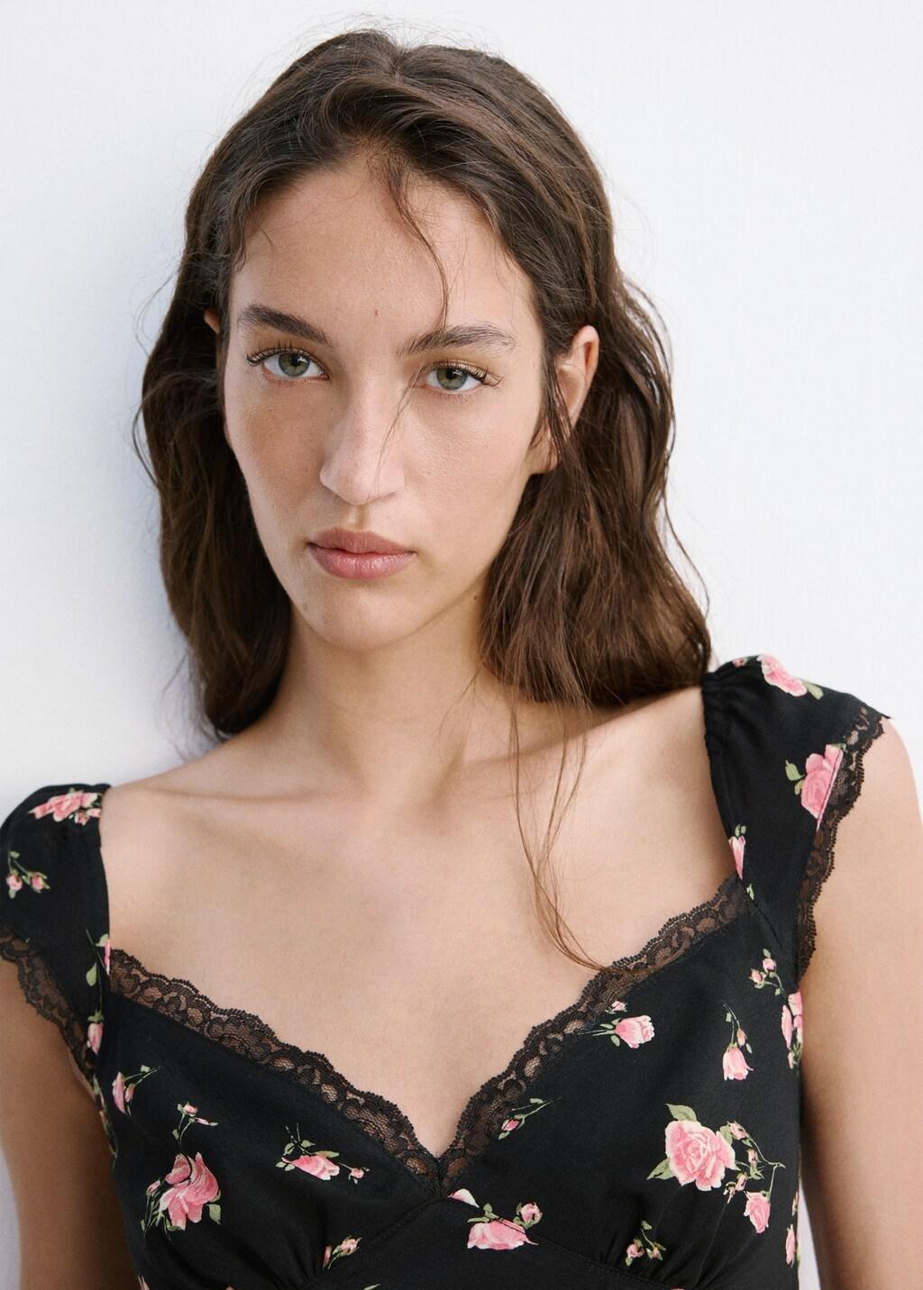 Black Floral Dress With Lace Trim, Black, large image number 4