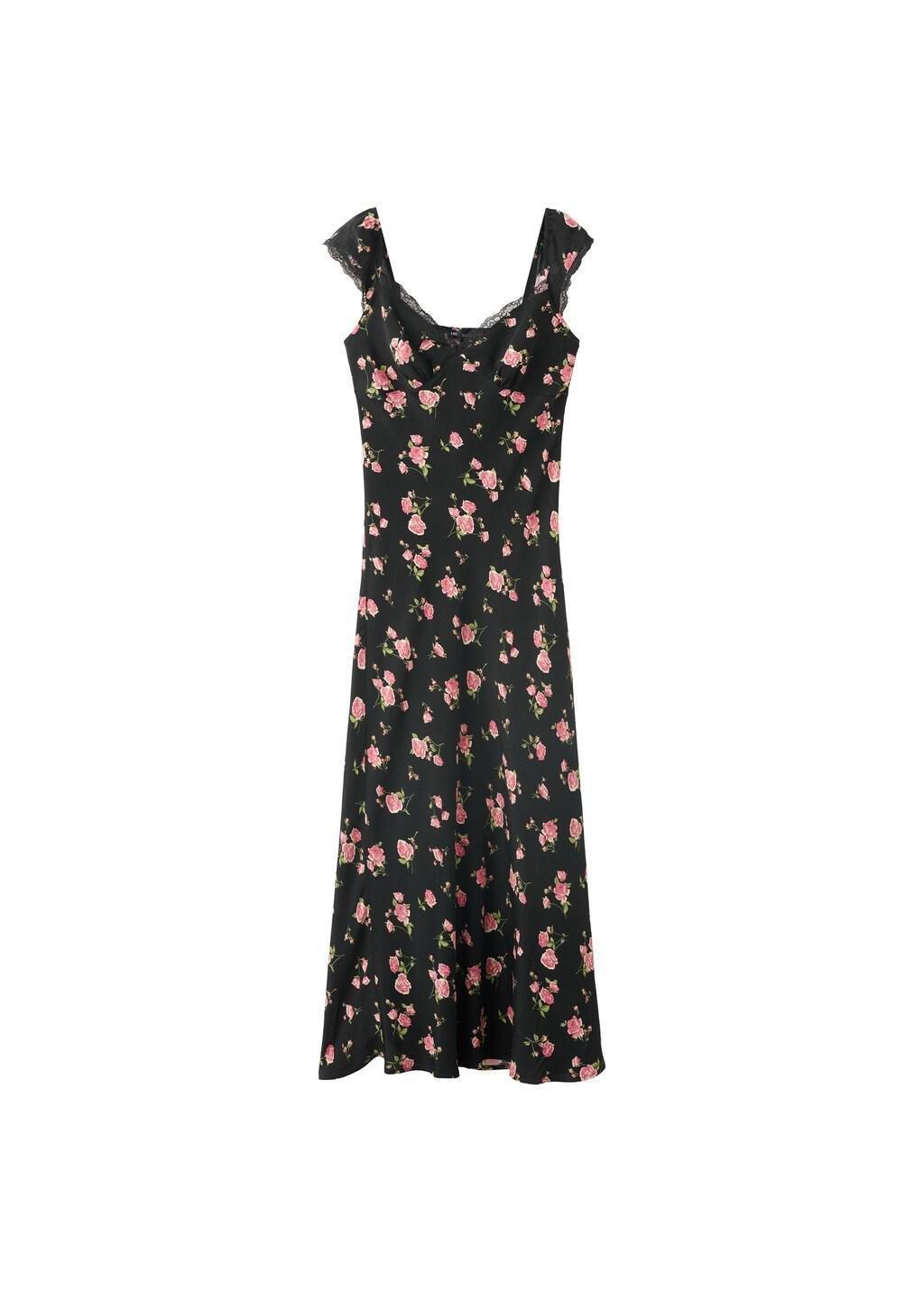 Black Floral Dress With Lace Trim, Black, large image number 6