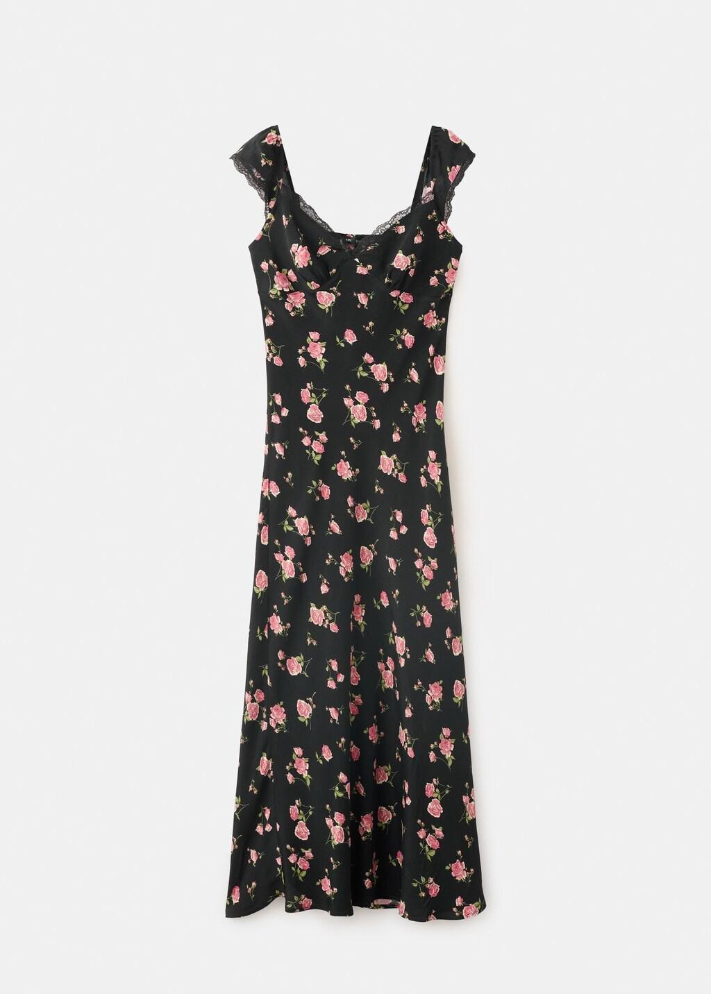 Black Floral Dress With Lace Trim, Black, large image number 7