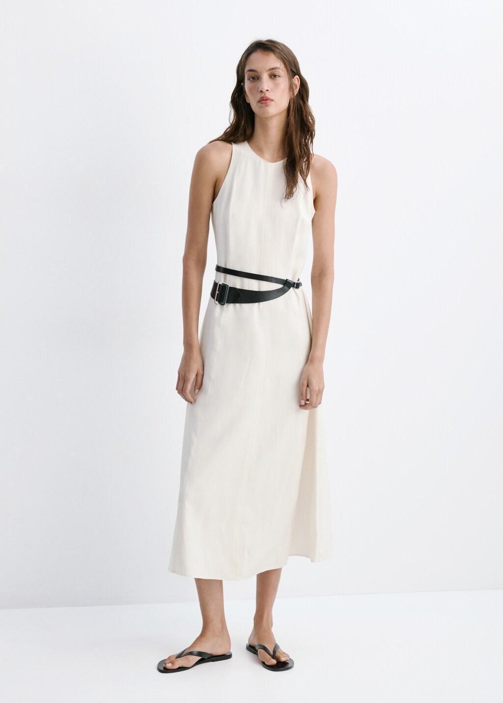 Cream A-Line Dress With Seam Detail, Light Beige, large image number 0