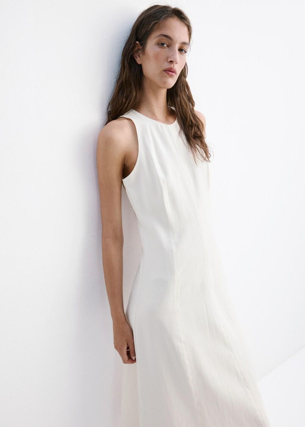 Cream A-Line Dress With Seam Detail, Light Beige, large image number 3