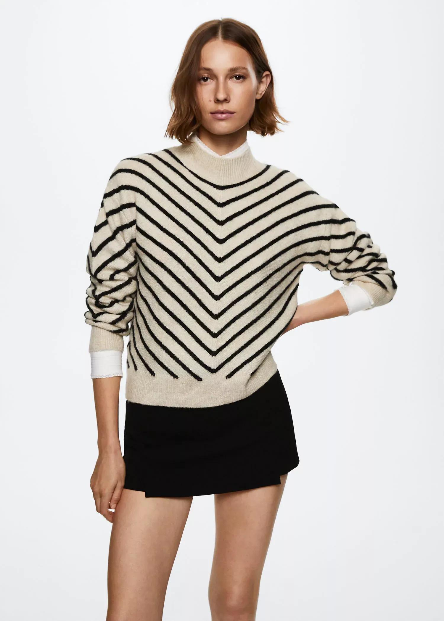 Black Striped printed sweater perkins collar, , large image number 0