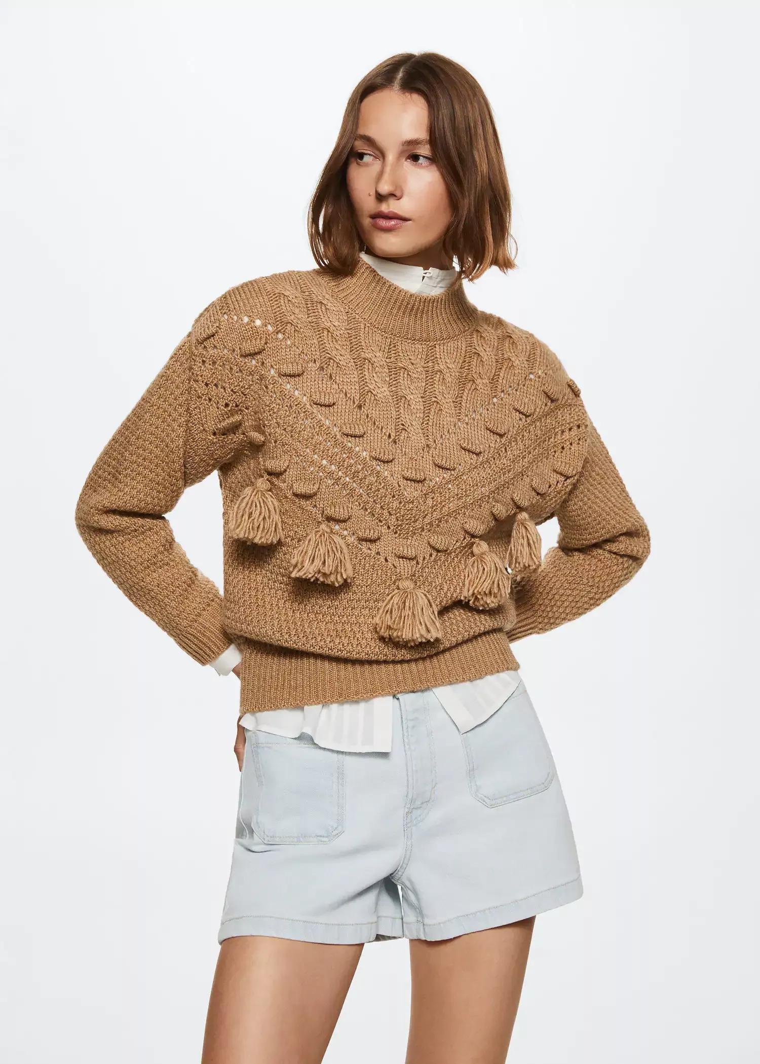 Brown Openwork Pompoms Knit Sweater, , large image number 1
