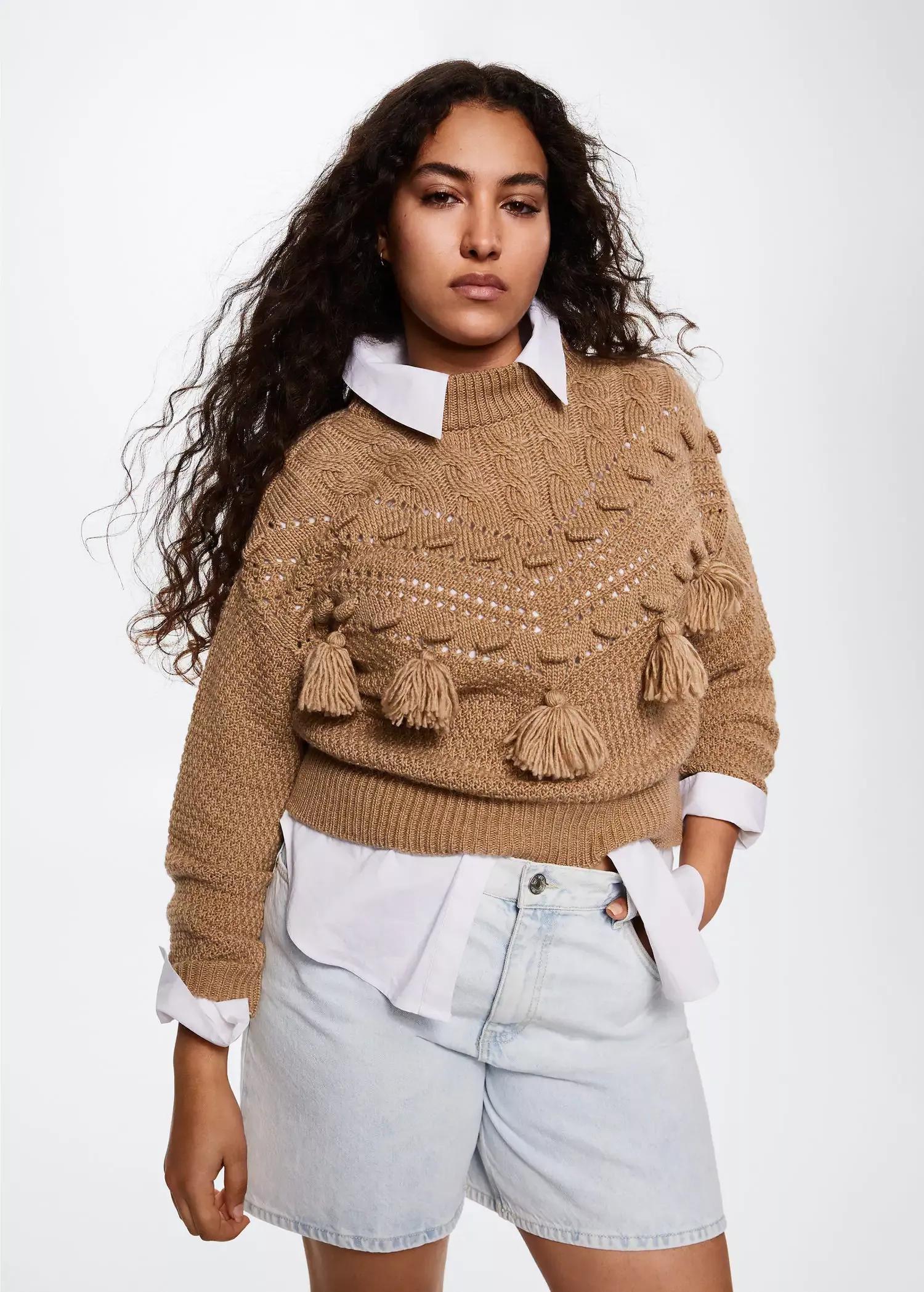 Brown Openwork Pompoms Knit Sweater, , large image number 7