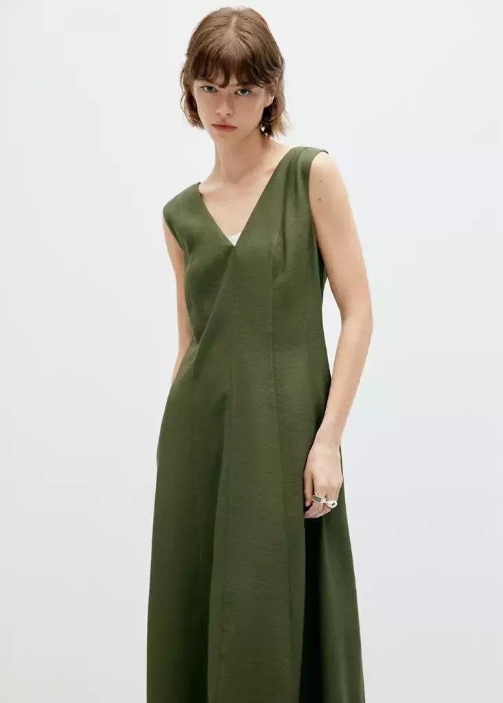 Khaki V-Neck Dress With Stitching, Beige - Khaki, medium
