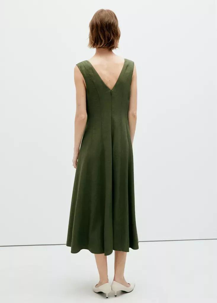 Khaki V-Neck Dress With Stitching, Beige - Khaki, large image number 2