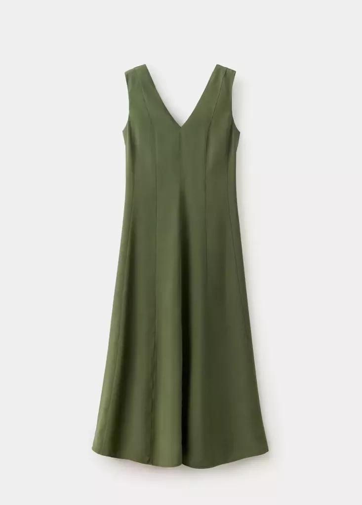 Khaki V-Neck Dress With Stitching, Beige - Khaki, large image number 4