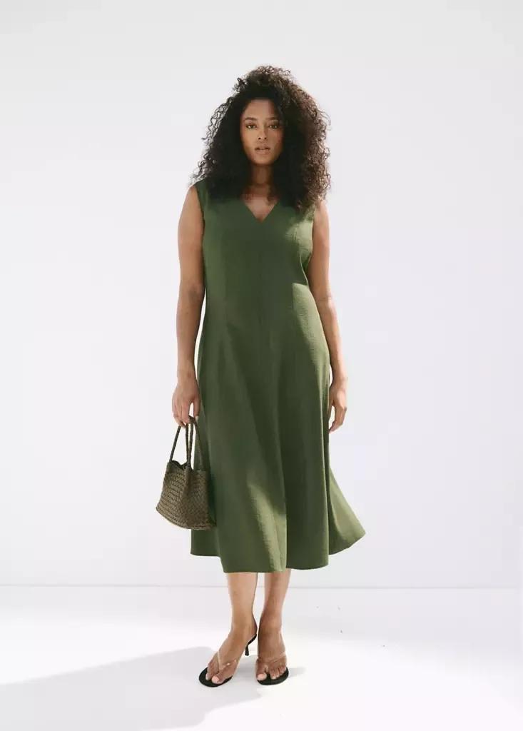 Khaki V-Neck Dress With Stitching, Beige - Khaki, large image number 7