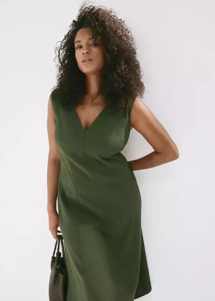 Khaki V-Neck Dress With Stitching, Beige - Khaki, large image number 8