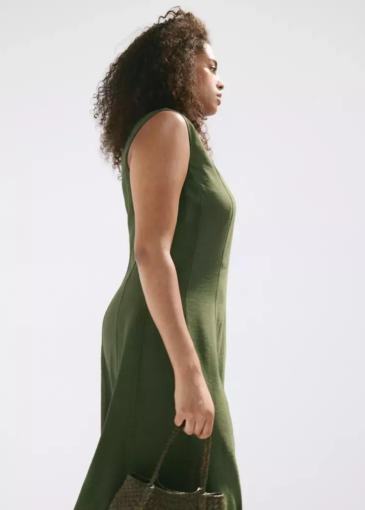 Khaki V-Neck Dress With Stitching, Beige - Khaki, large image number 9