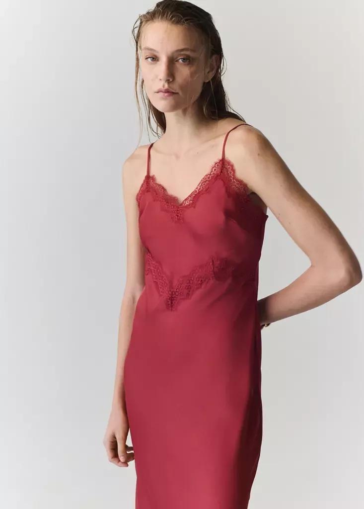 Red Satin Lace Dress, Red, medium