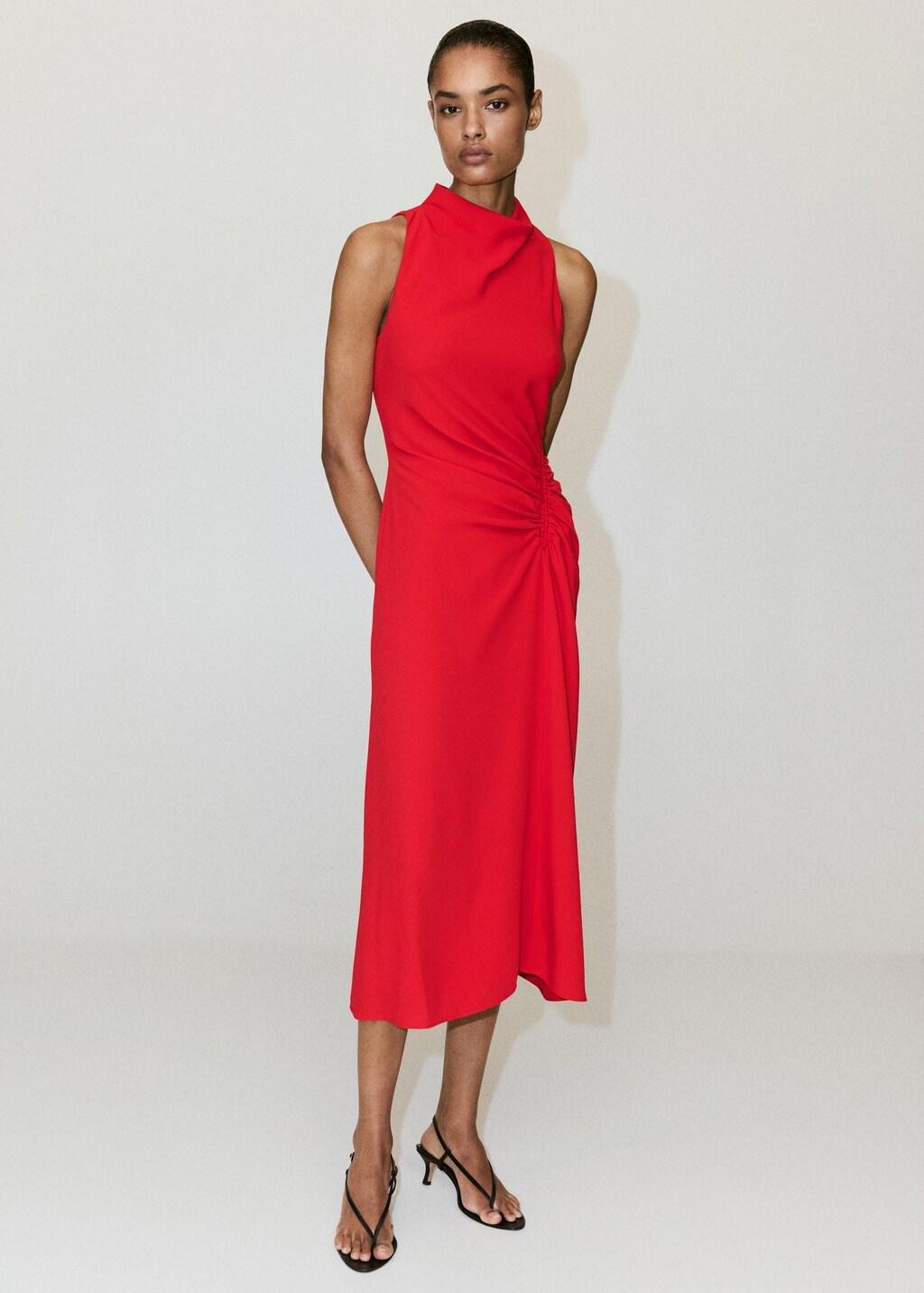 Red Ruched Dress With Draped Neckline, Red, large image number 0
