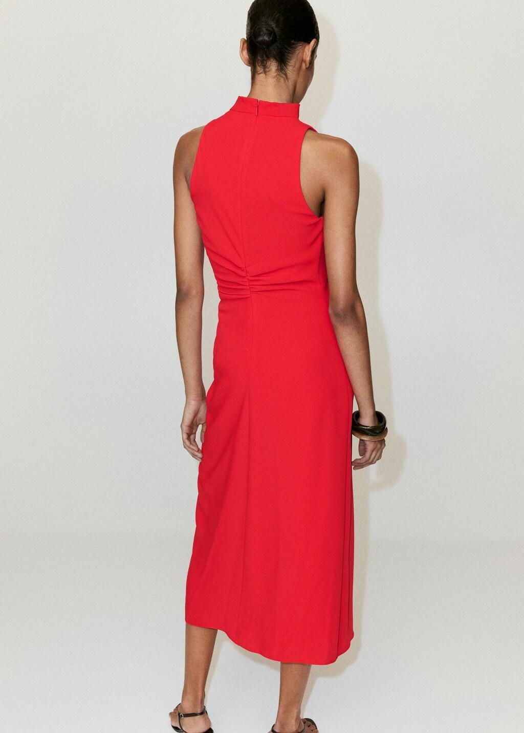 Red Ruched Dress With Draped Neckline, Red, medium