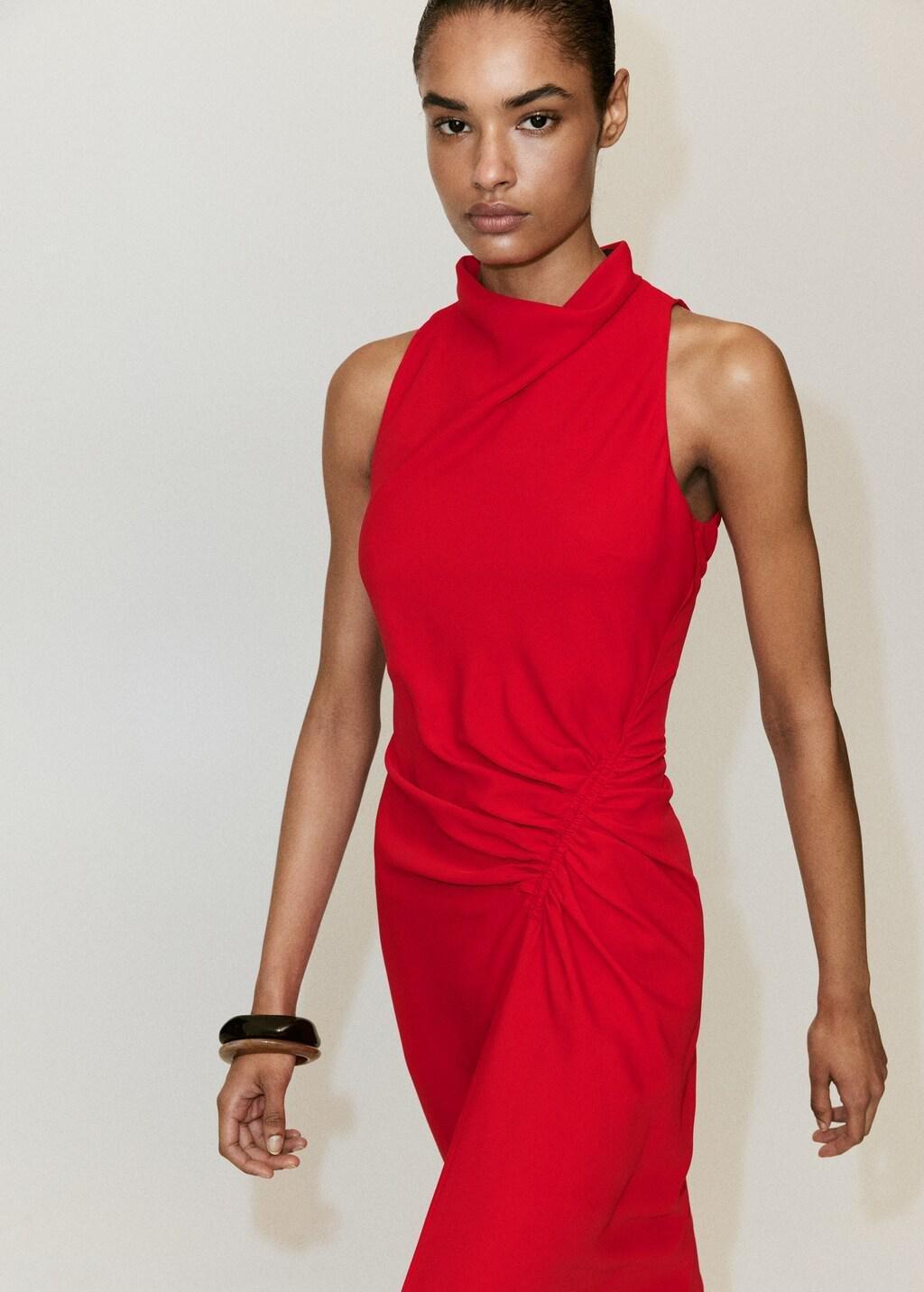 Red Ruched Dress With Draped Neckline, Red, large image number 3