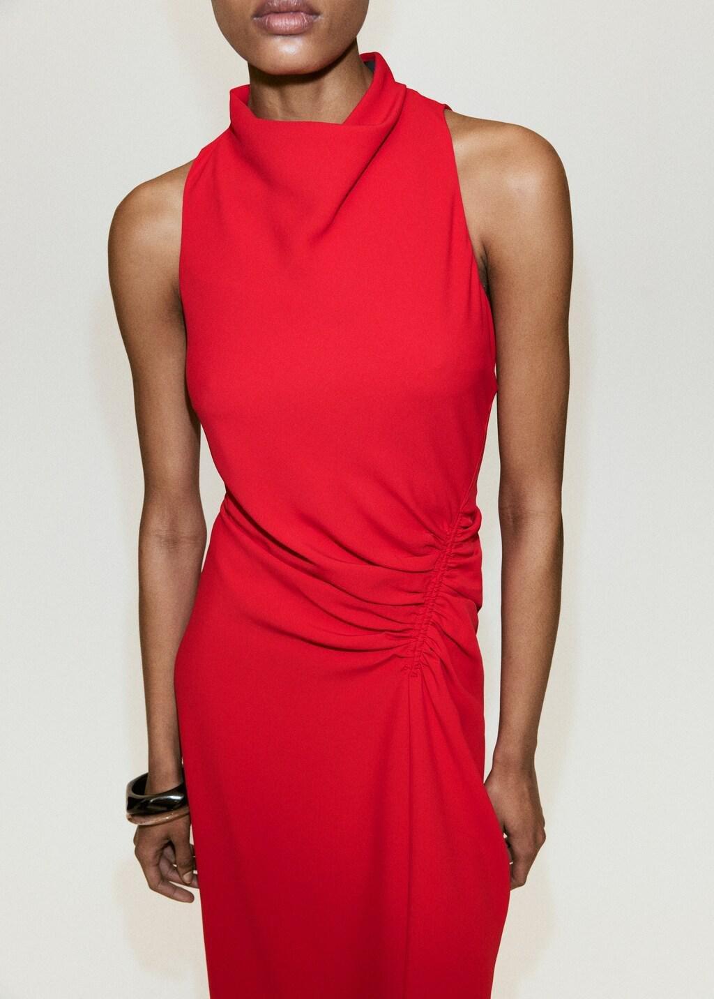 Red Ruched Dress With Draped Neckline, Red, large image number 4