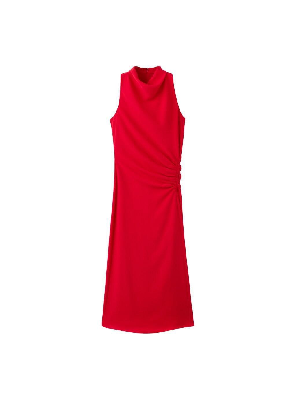 Red Ruched Dress With Draped Neckline, Red, large image number 6