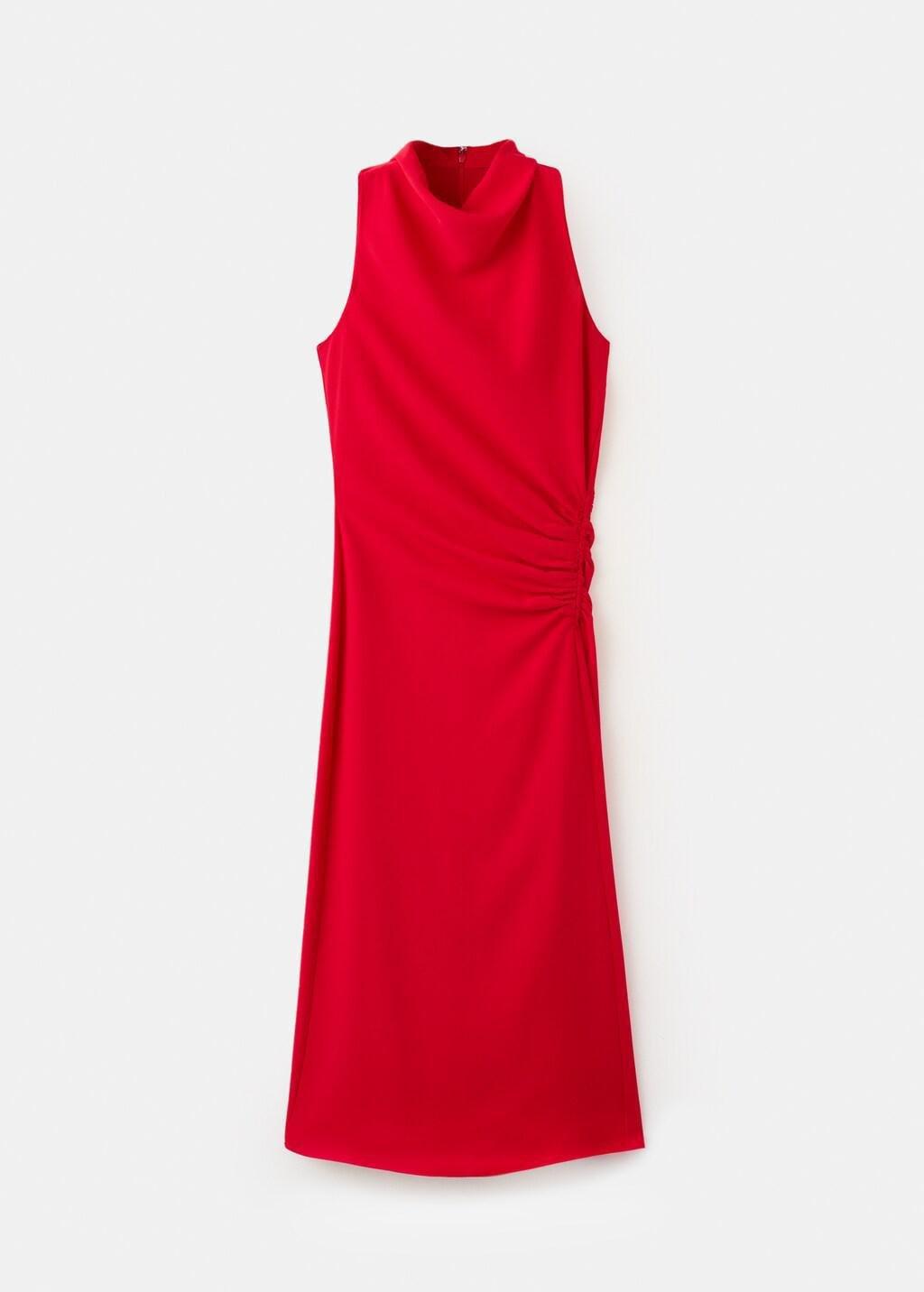 Red Ruched Dress With Draped Neckline, Red, large image number 7