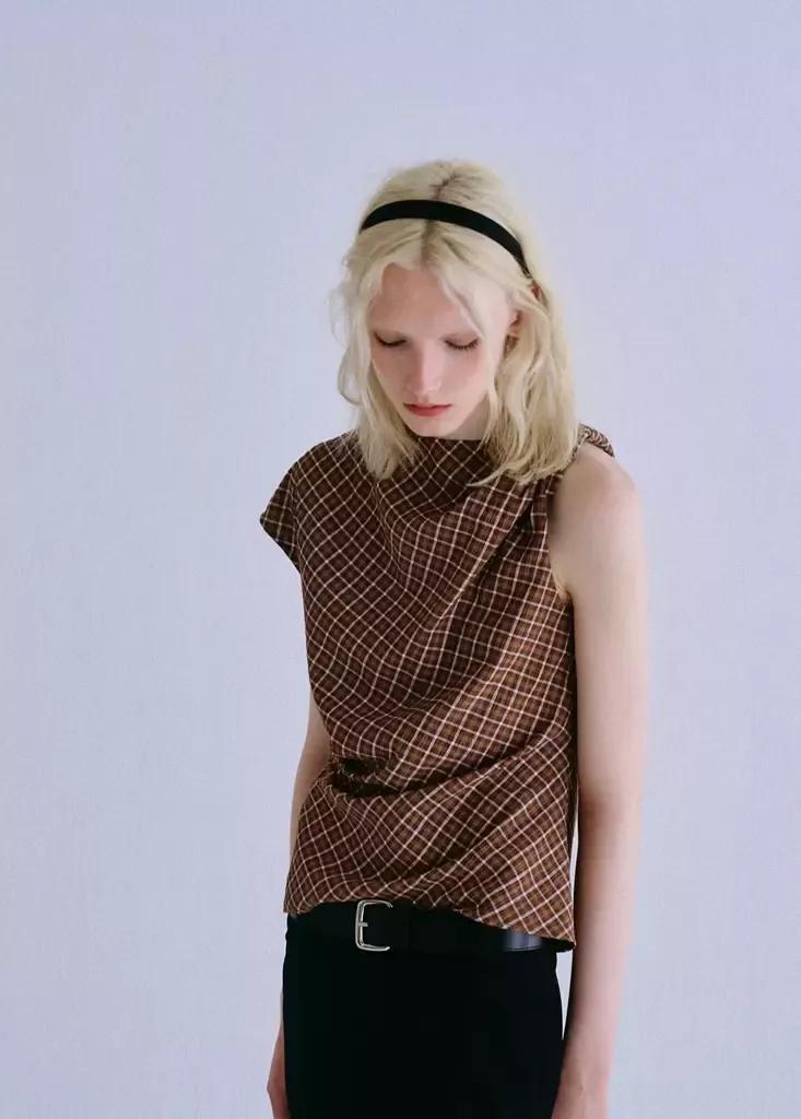 Brown Asymmetric Checked Blouse, Brown, medium