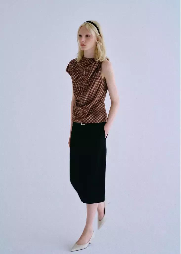 Brown Asymmetric Checked Blouse, Brown, medium