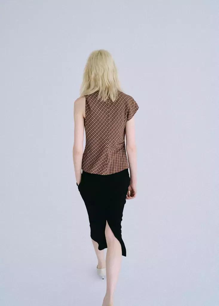 Brown Asymmetric Checked Blouse, Brown, medium